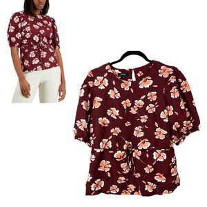 Alfani Linen Floral Burgundy Boho Bohemian Modest High Neck Blouse Size Medium